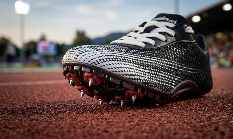 Leichtathlet konzentriert an Startblöcken mit Spike-Schuhen