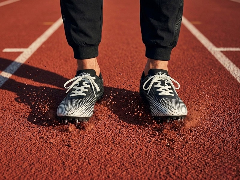 Leichtathlet in vollem Sprint auf der Bahn mit Spike-Schuhen